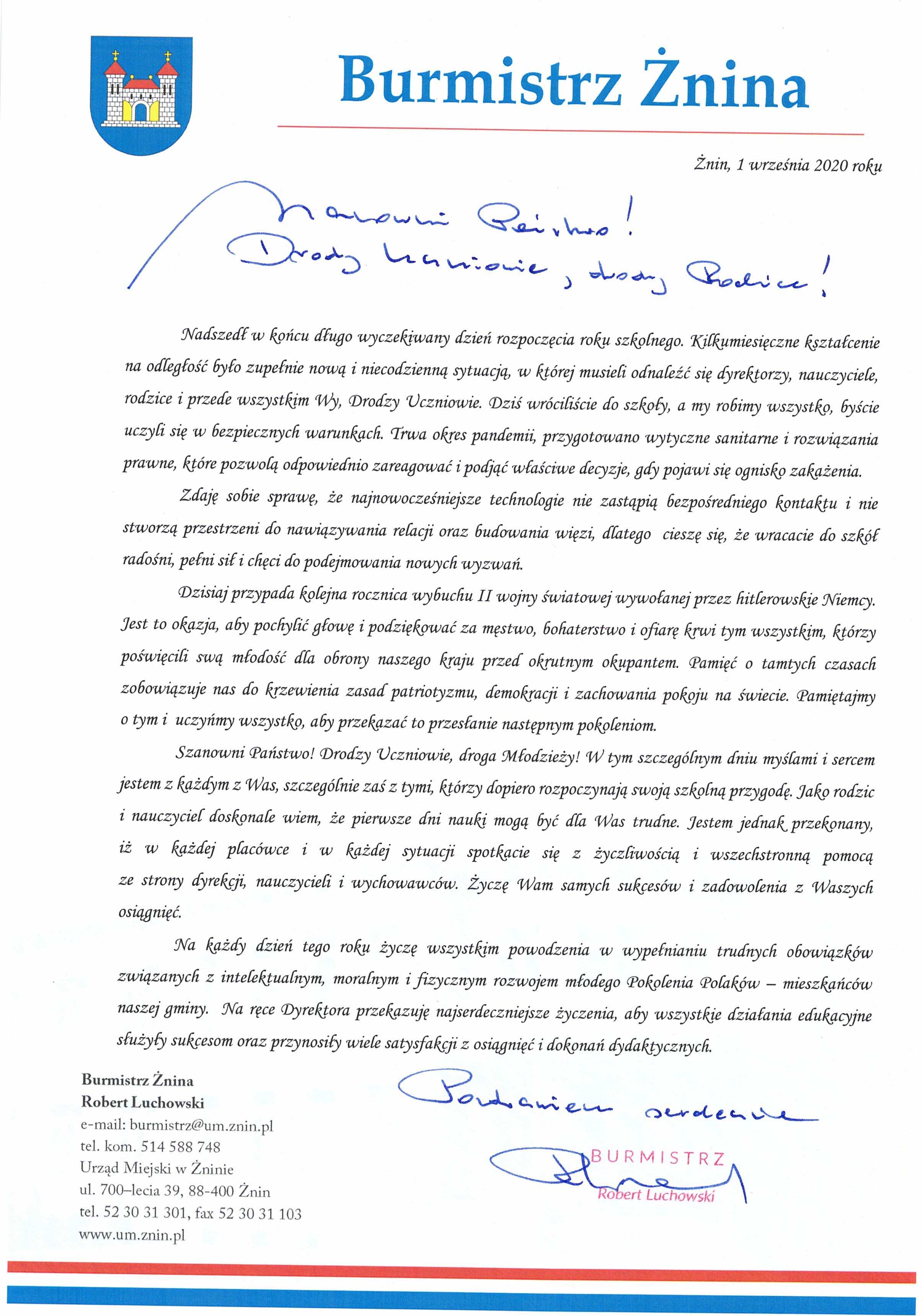 List Pana Roberta Luchowskiego Burmistrza Żnina na rozpoczęcie roku szkolnego 2020 2021